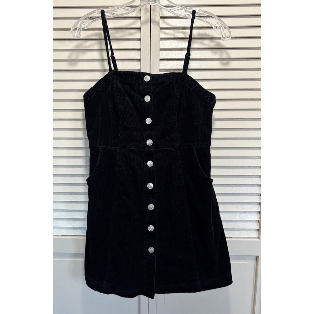 Lone Tree Black Corduroy Bib Mini Dress Size Medium Button Front‎ Adj Straps